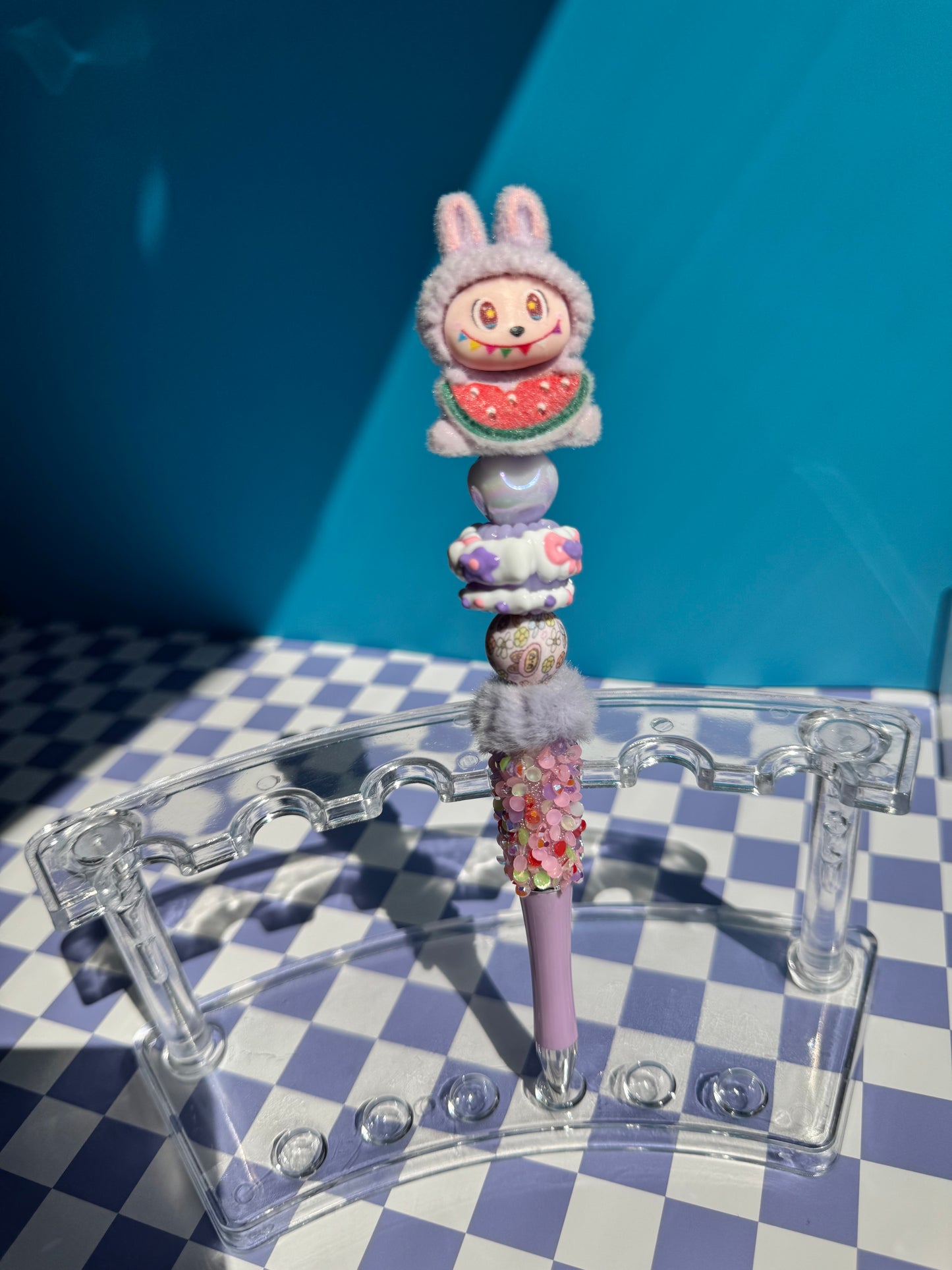 Rainbow Watermelon Flocked Labubu Beaded Pens