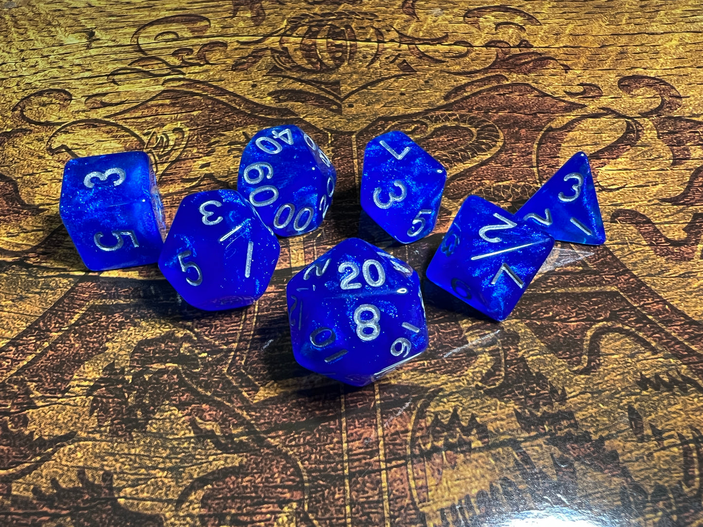 D&D Stardust: Blue w/ Silver Numbers 16mm Resin Poly Dice Set