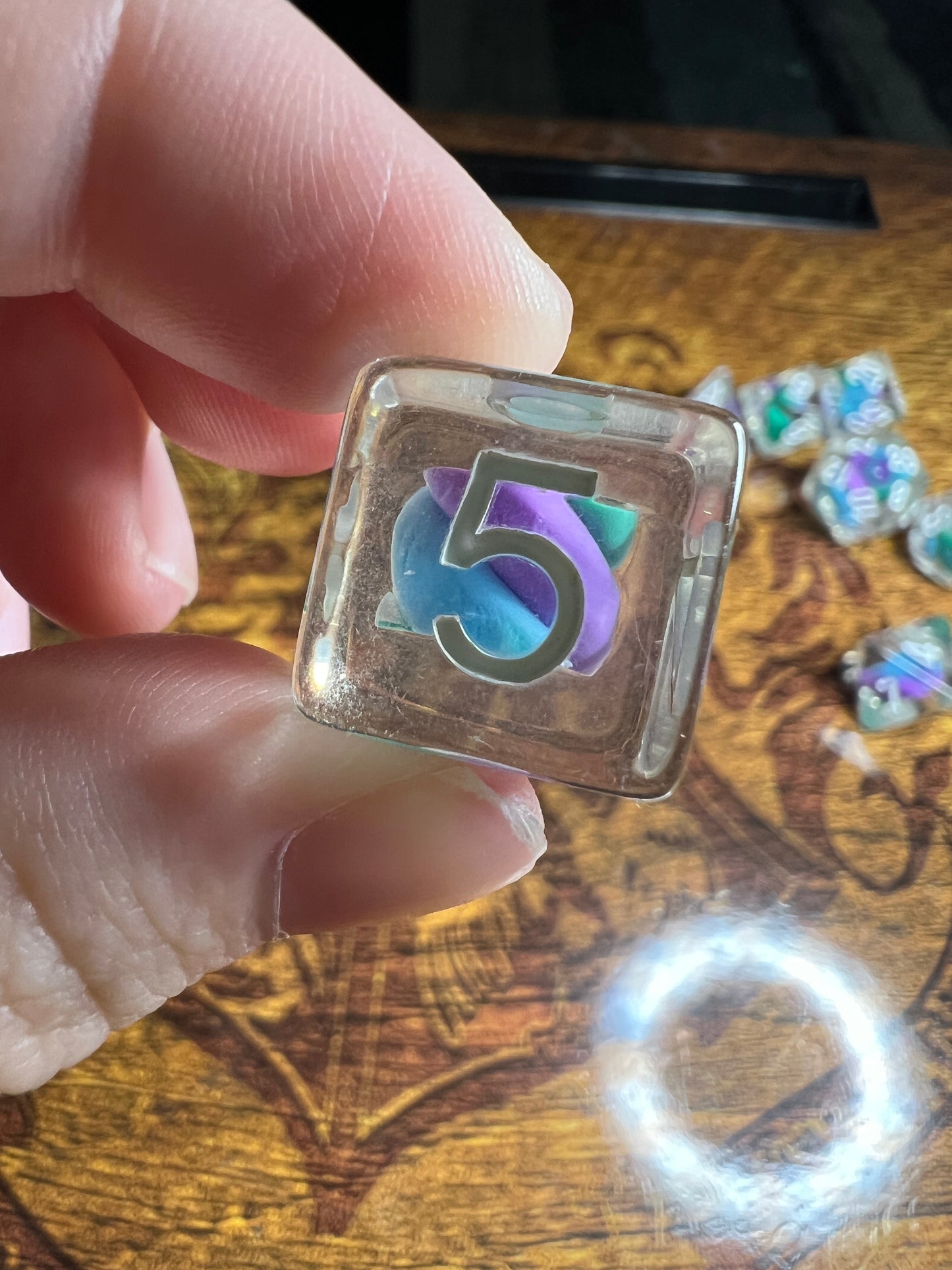 D&D Clear w/ Purple, Green, and Blue Blob 16mm Resin Poly Dice Set