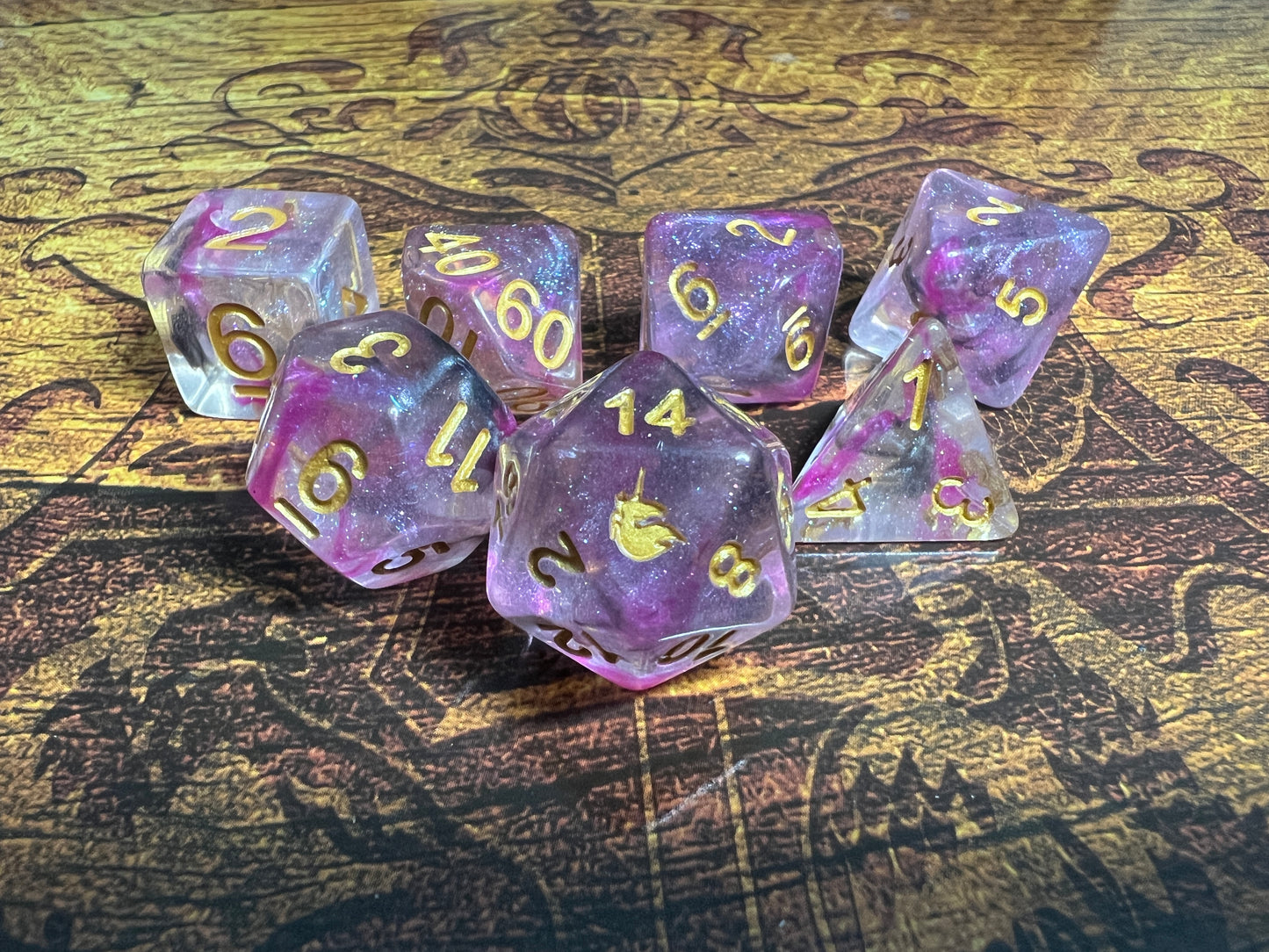 D&D Unicorn Blushing Steel 16mm Resin Poly Dice Set