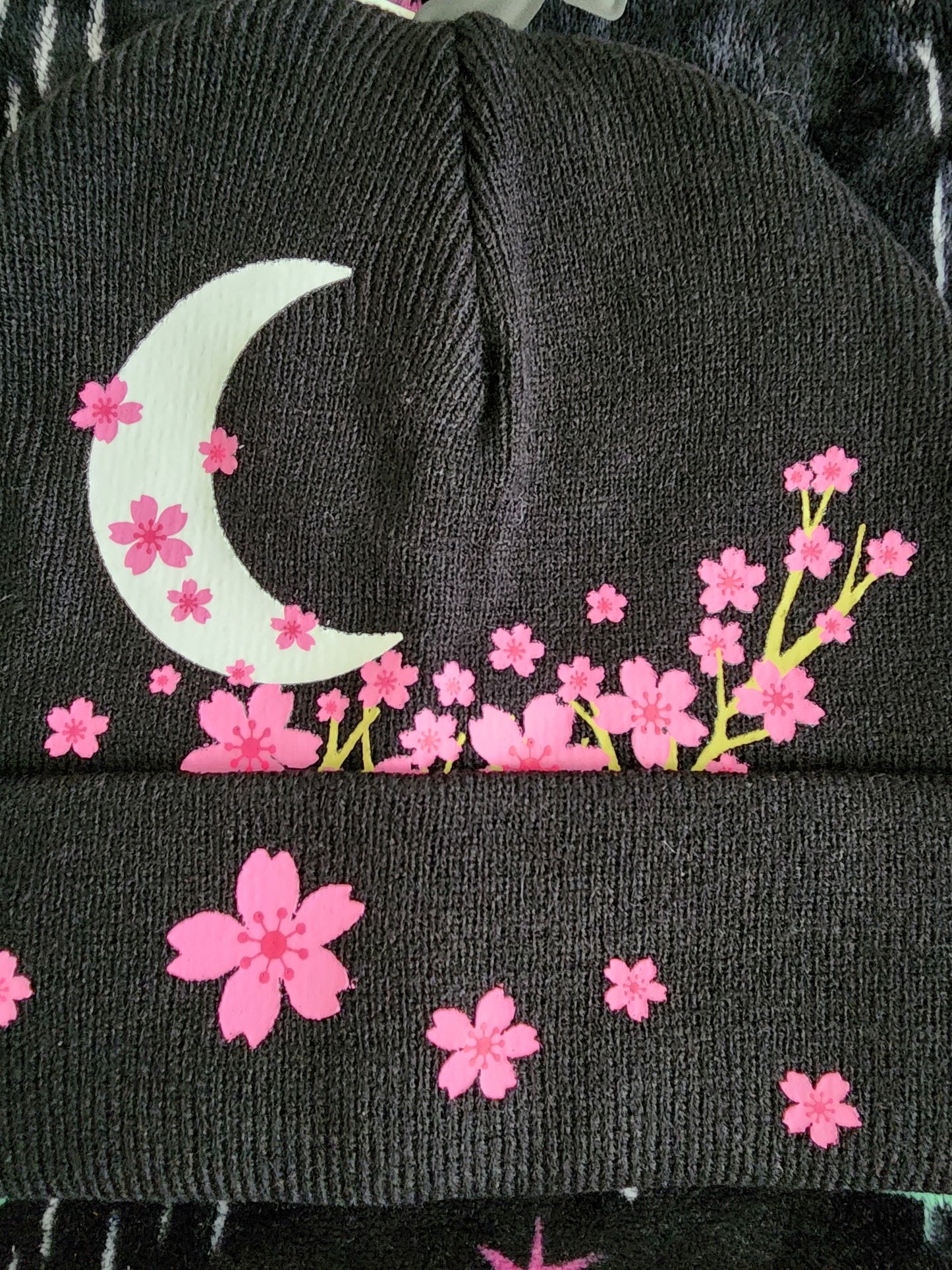 Kawaii Moon and Cherry Blossoms Beanie