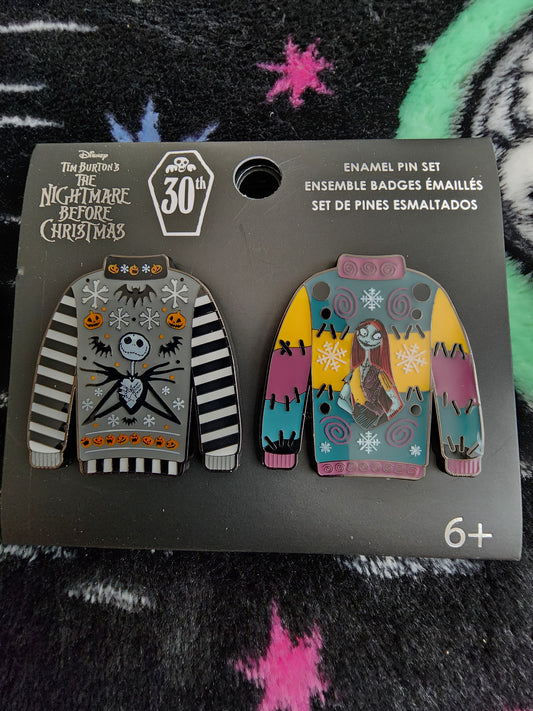 Disney Nightmare Before Christmas 30th Anniversary Jack and Sally Ugly Sweater Pins