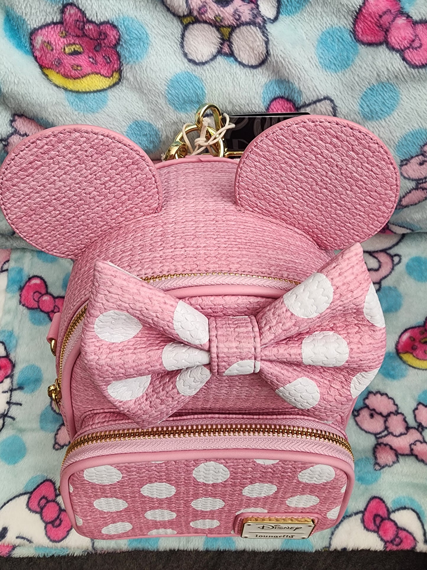 Loungefly Disney Minnie Mouse Pink Polka Dots Straw Mini Backpack/Crossbody Bag