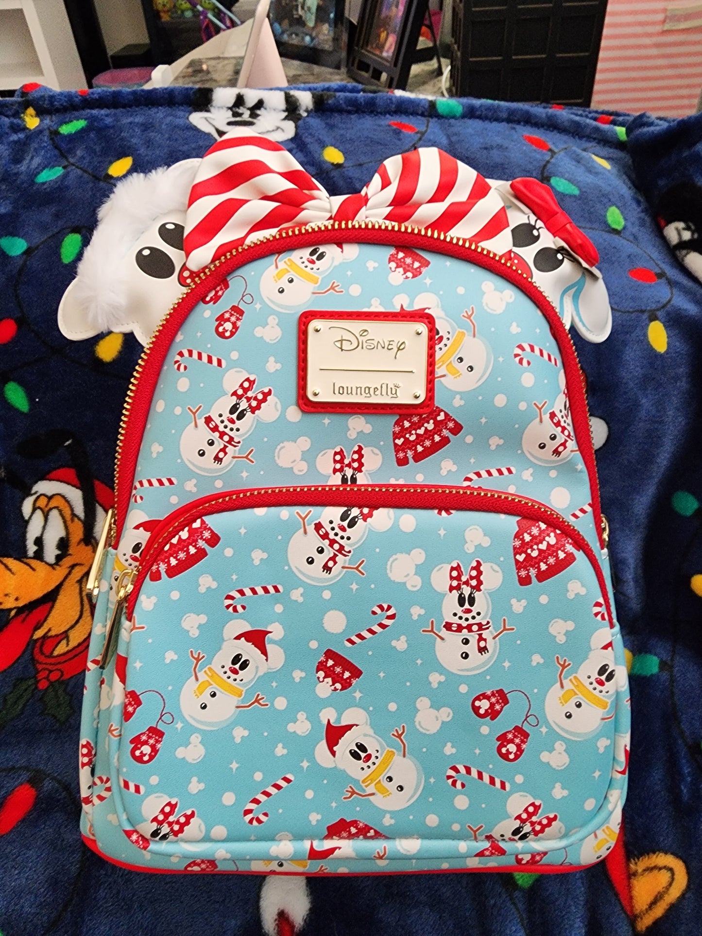 Loungefly Disney Mickey and Minnie Mouse as Snowmen Backpack with Matching Mouse Ears