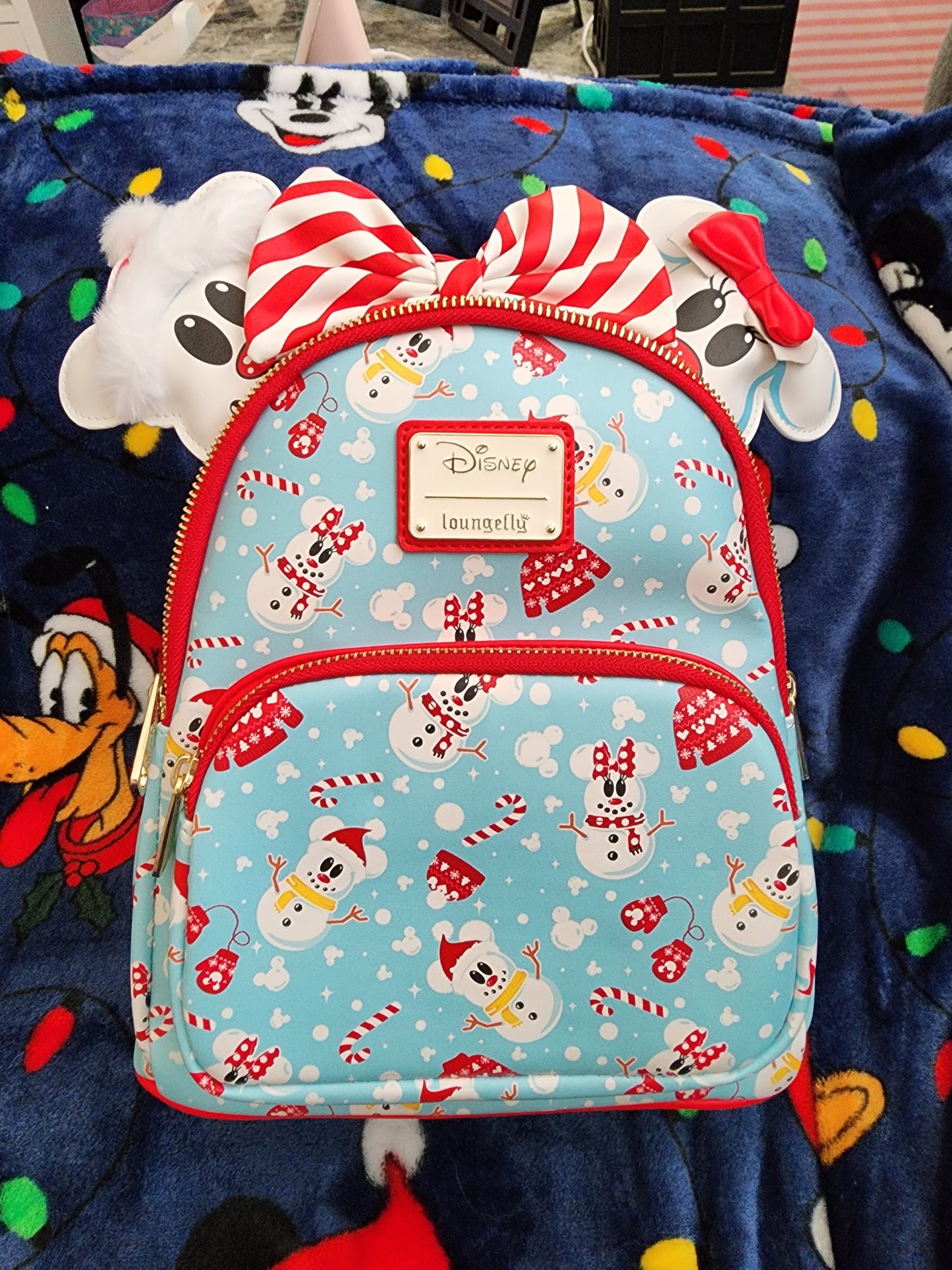 Loungefly Disney Mickey and Minnie Mouse as Snowmen Backpack with Matching Mouse Ears
