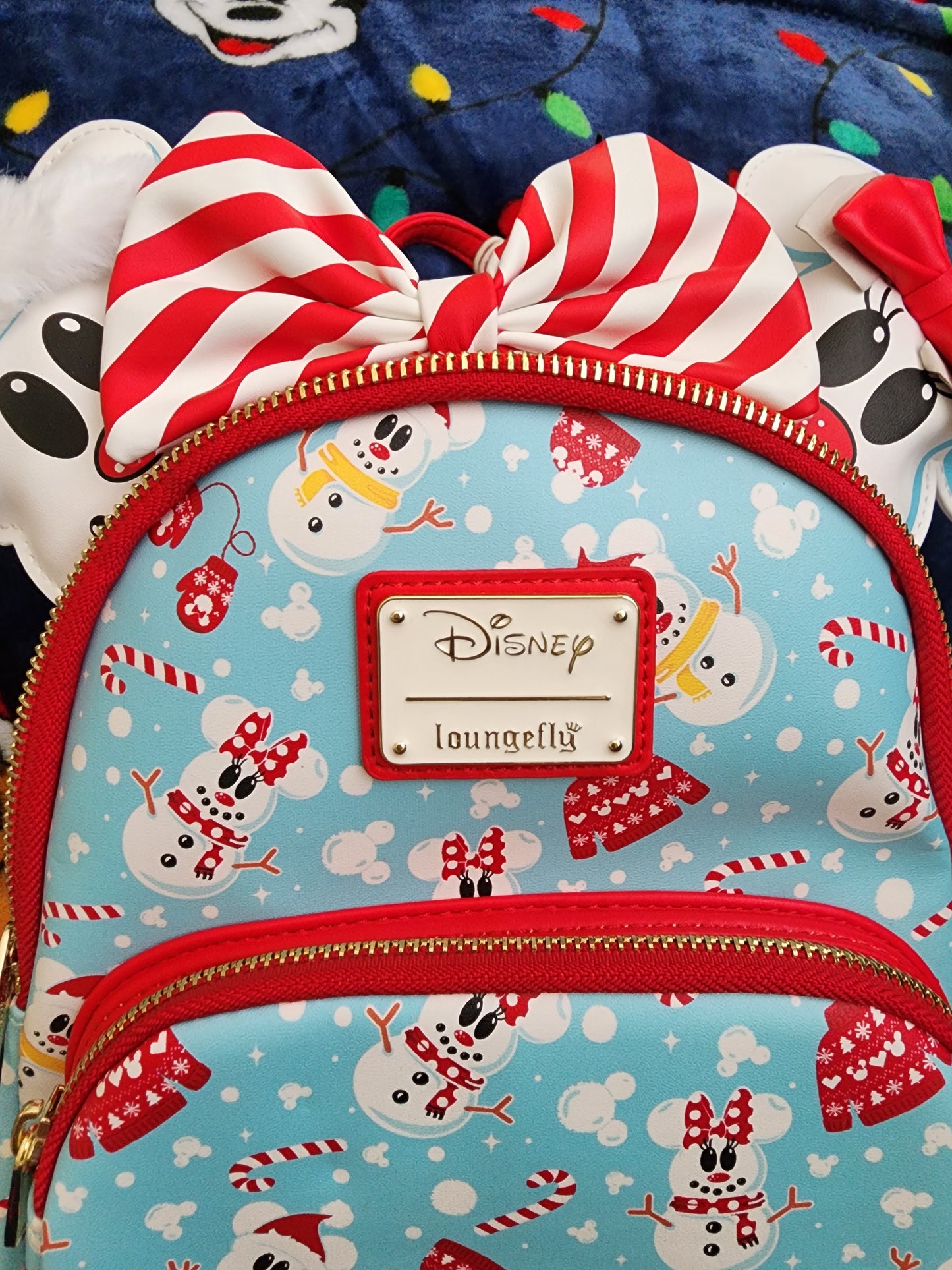 Loungefly Disney Mickey and Minnie Mouse as Snowmen Backpack with Matching Mouse Ears