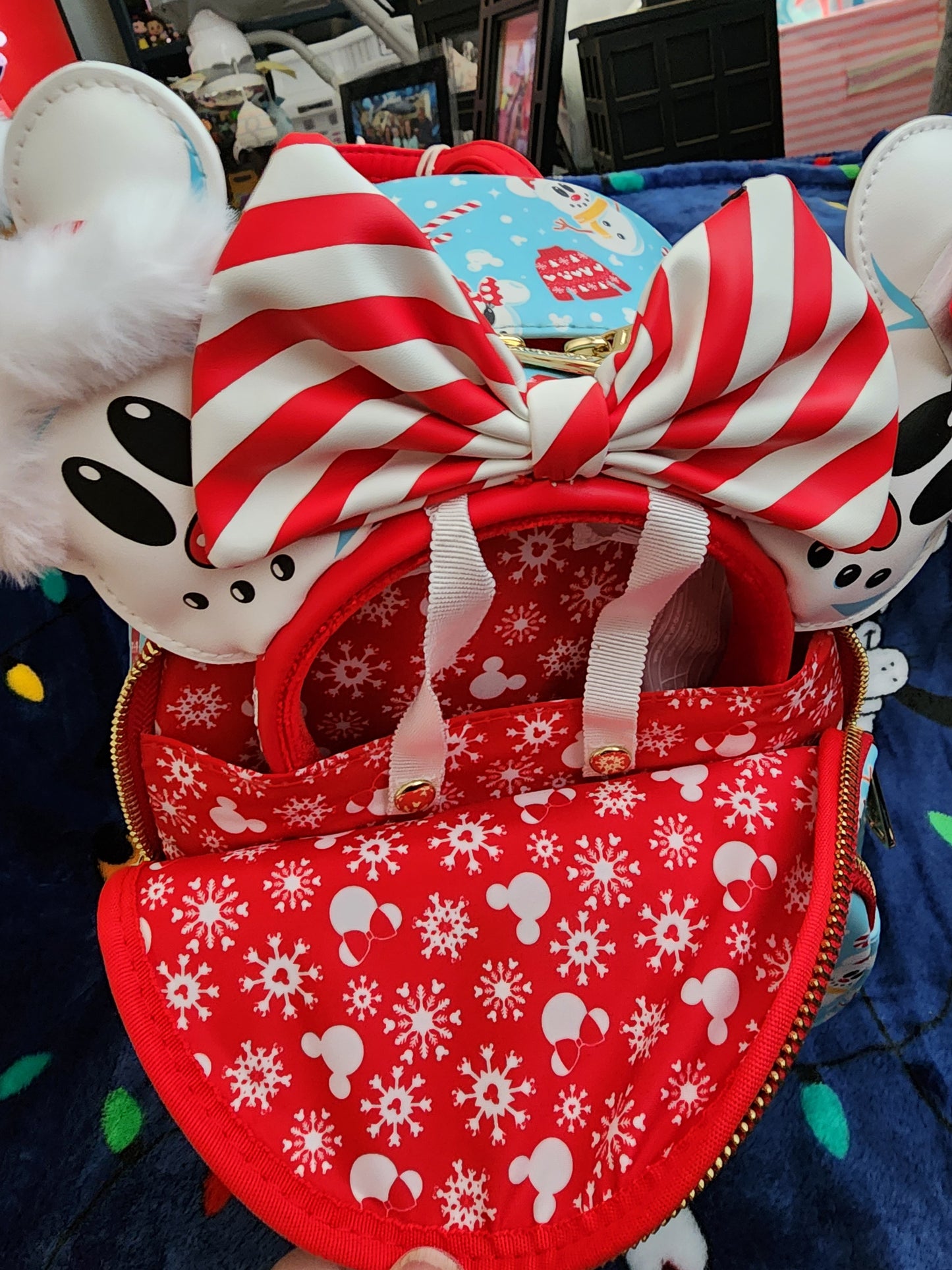 Loungefly Disney Mickey and Minnie Mouse as Snowmen Backpack with Matching Mouse Ears