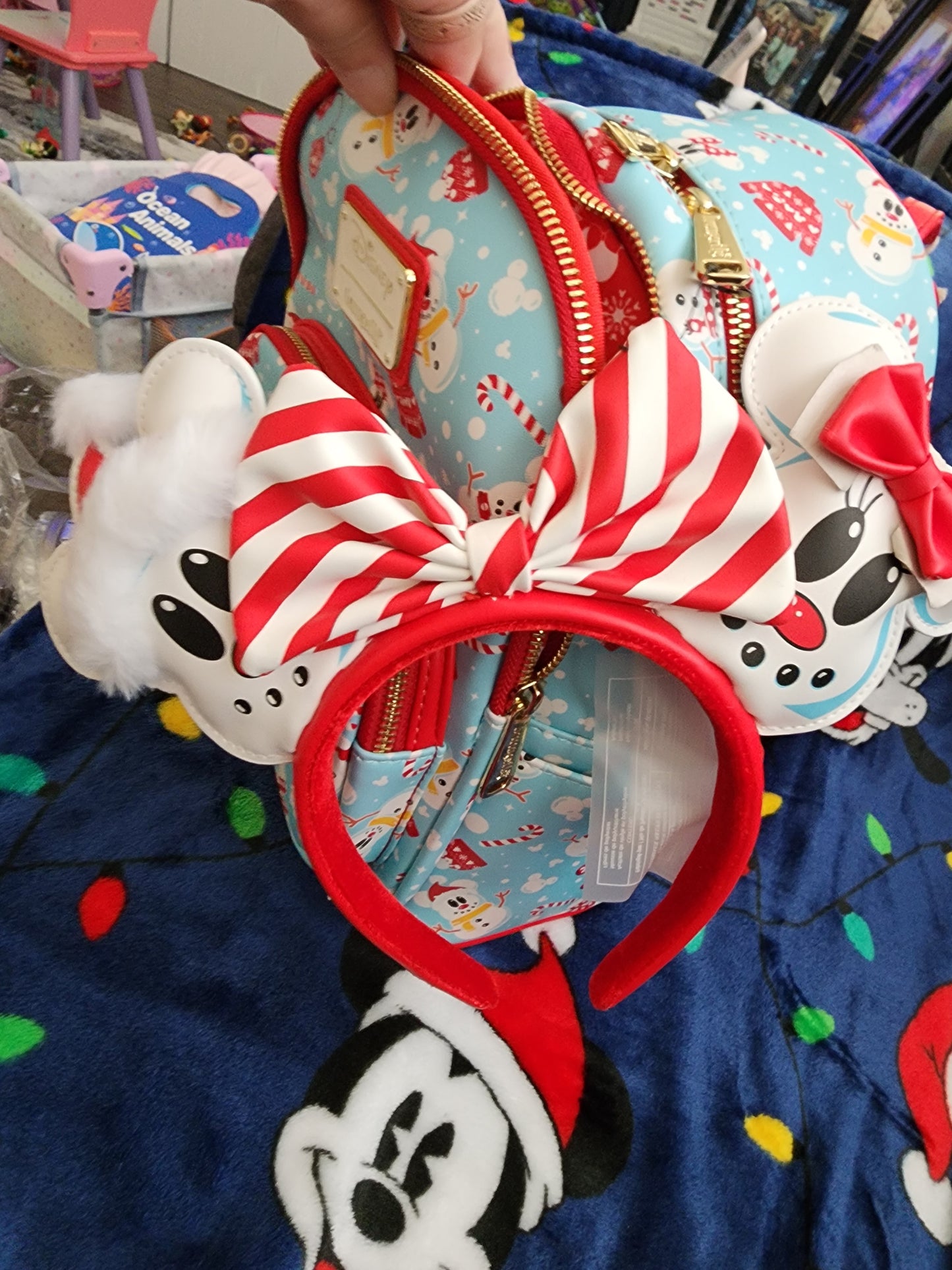 Loungefly Disney Mickey and Minnie Mouse as Snowmen Backpack with Matching Mouse Ears