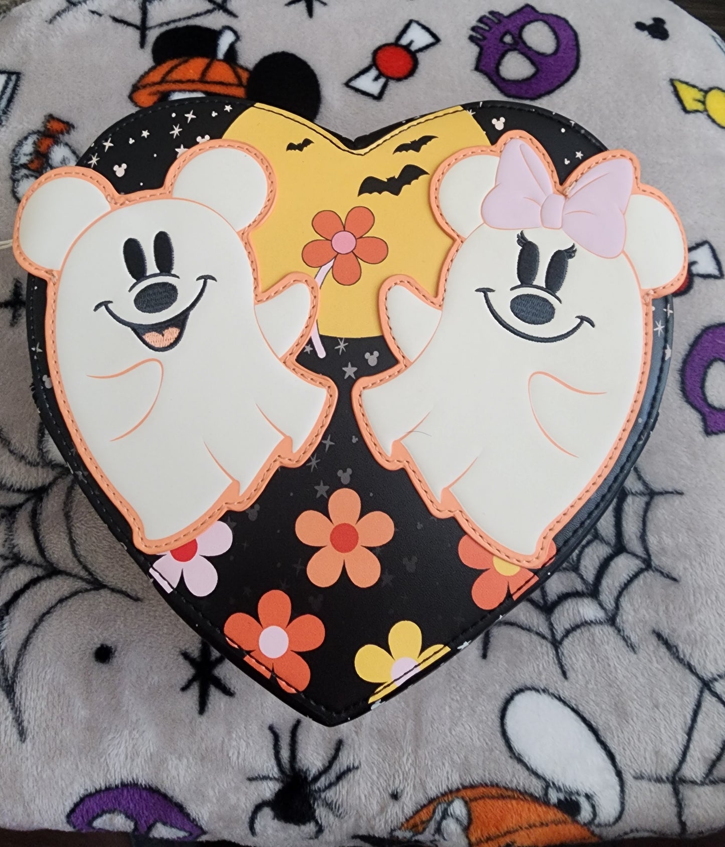 Loungefly Disney Mickey and Minnie as Ghosts Heart Shaped Fall Crossbody Bag