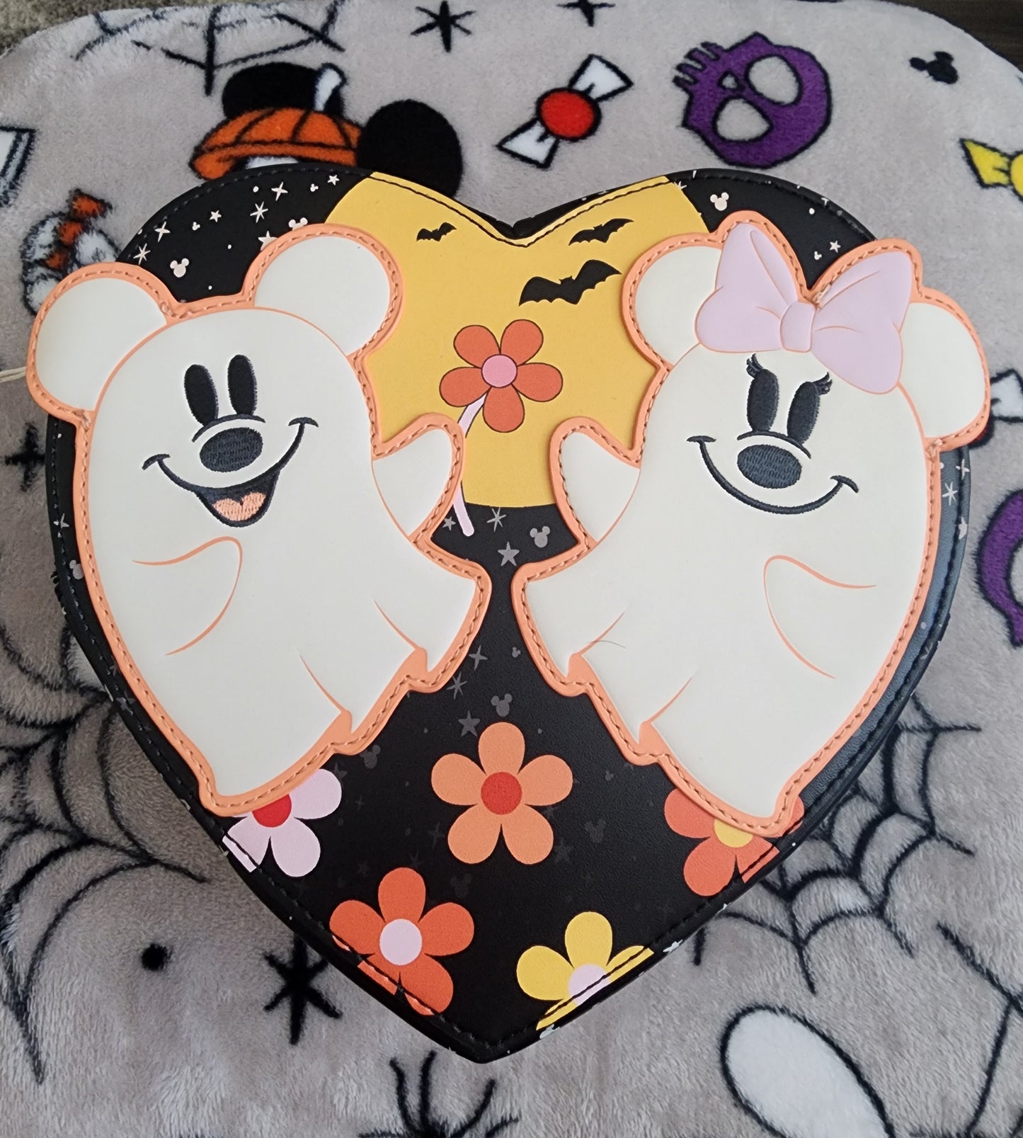 Loungefly Disney Mickey and Minnie as Ghosts Heart Shaped Fall Crossbody Bag