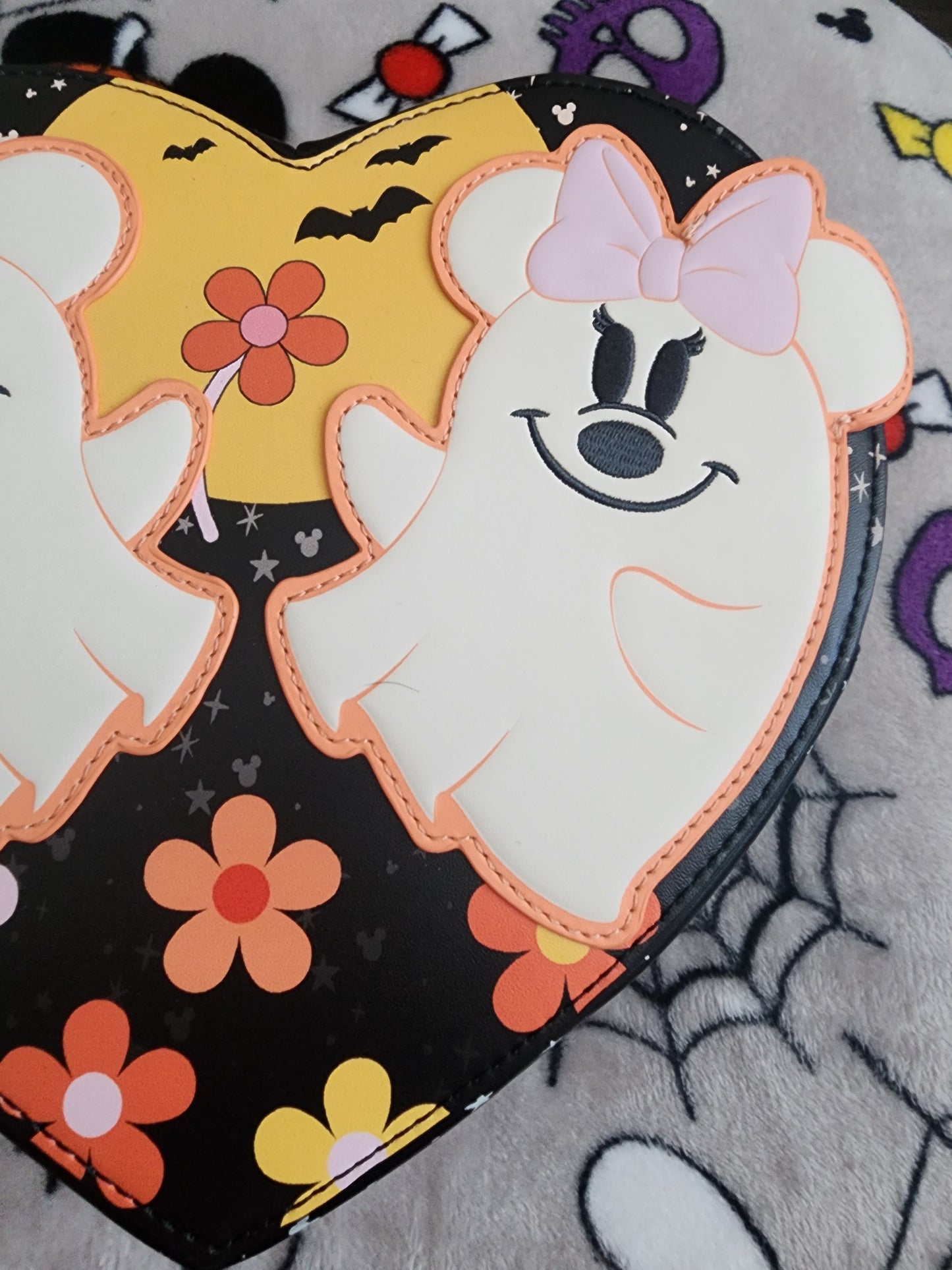 Loungefly Disney Mickey and Minnie as Ghosts Heart Shaped Fall Crossbody Bag