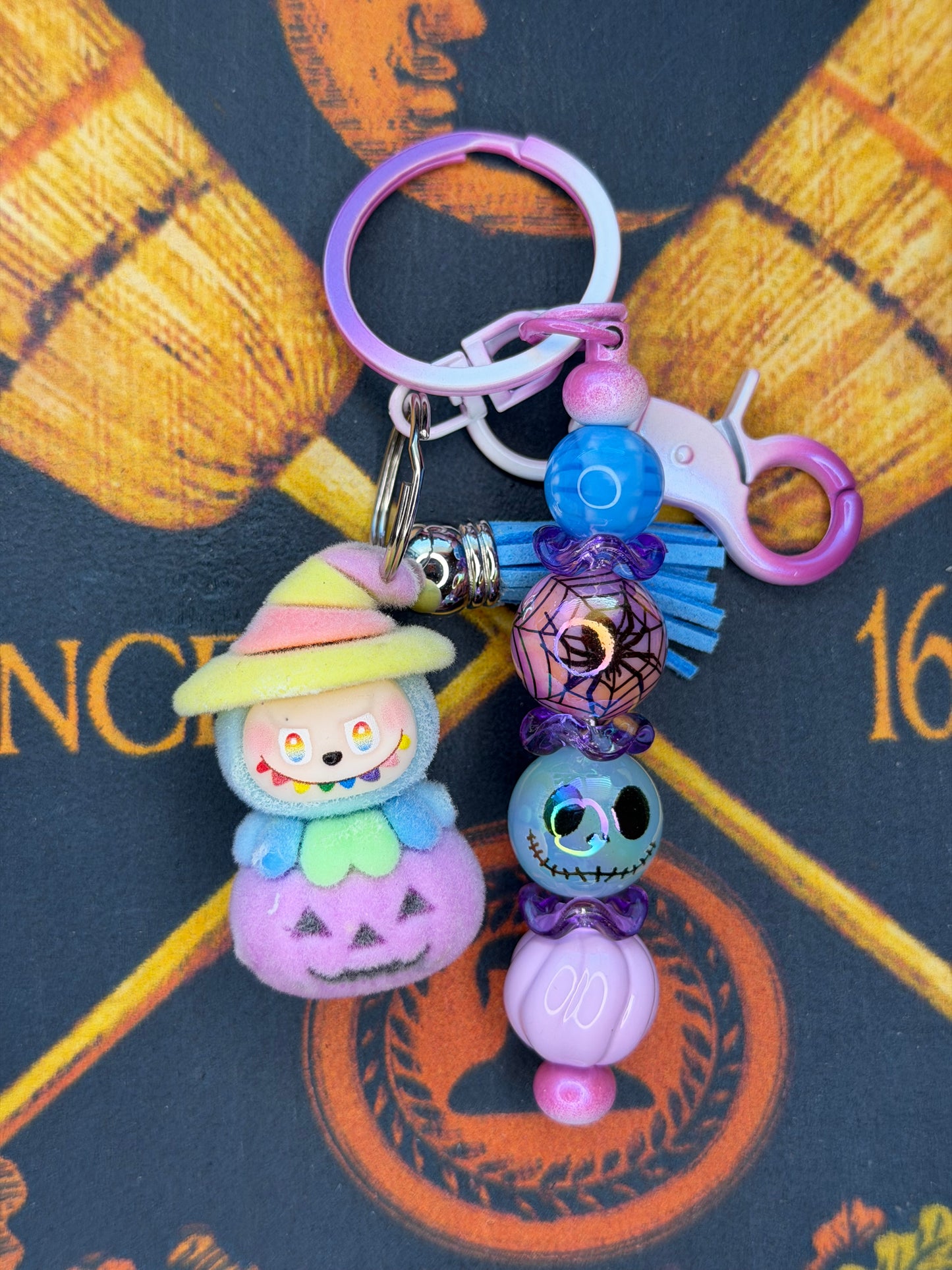 Labubu Witch Pumpkin Flocked Beaded Keychain