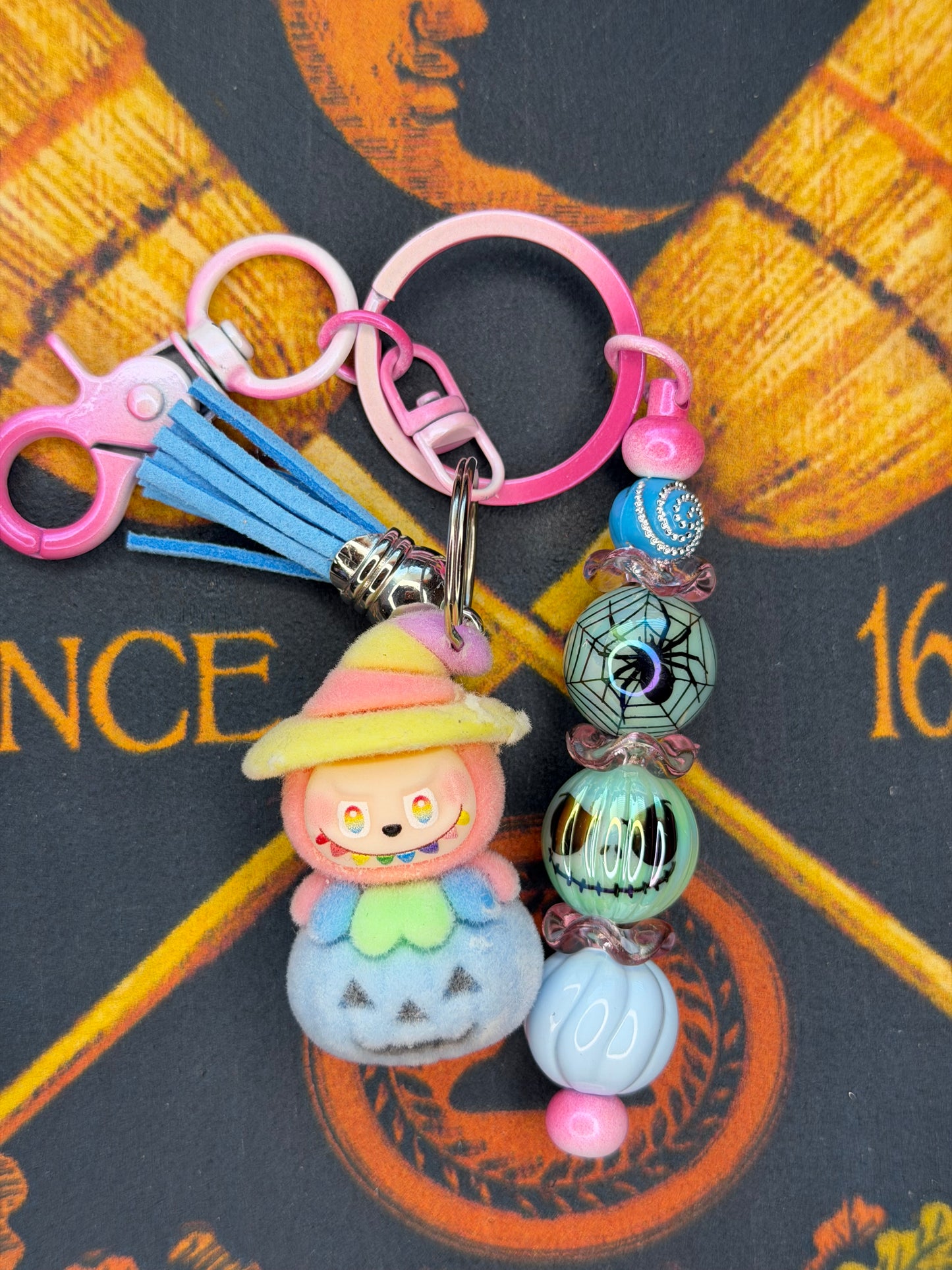 Labubu Witch Pumpkin Flocked Beaded Keychain