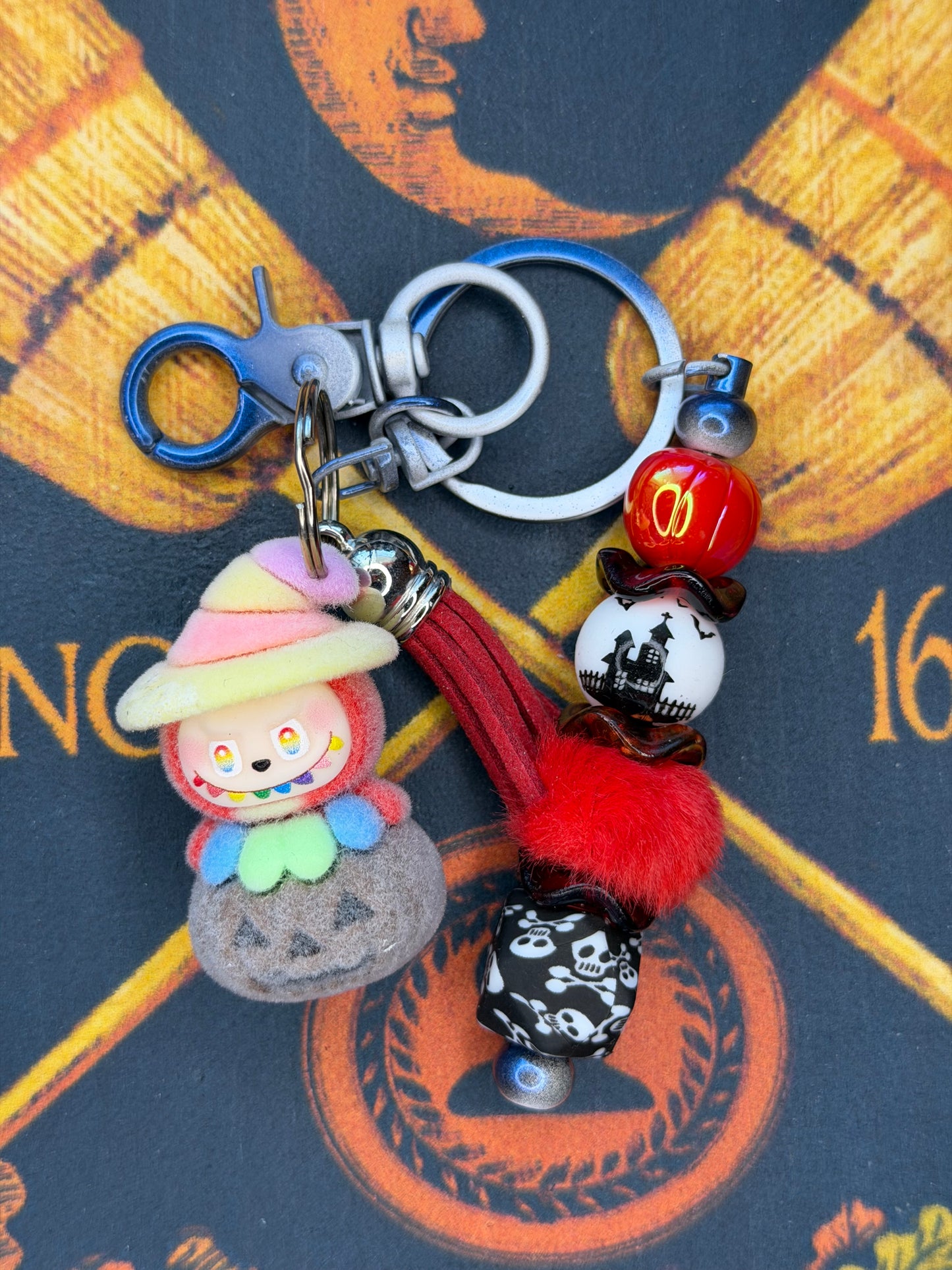 Labubu Witch Pumpkin Flocked Beaded Keychain