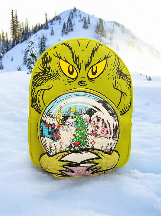 Loungefly The Grinch holding Whoville Snow Globe Backpack