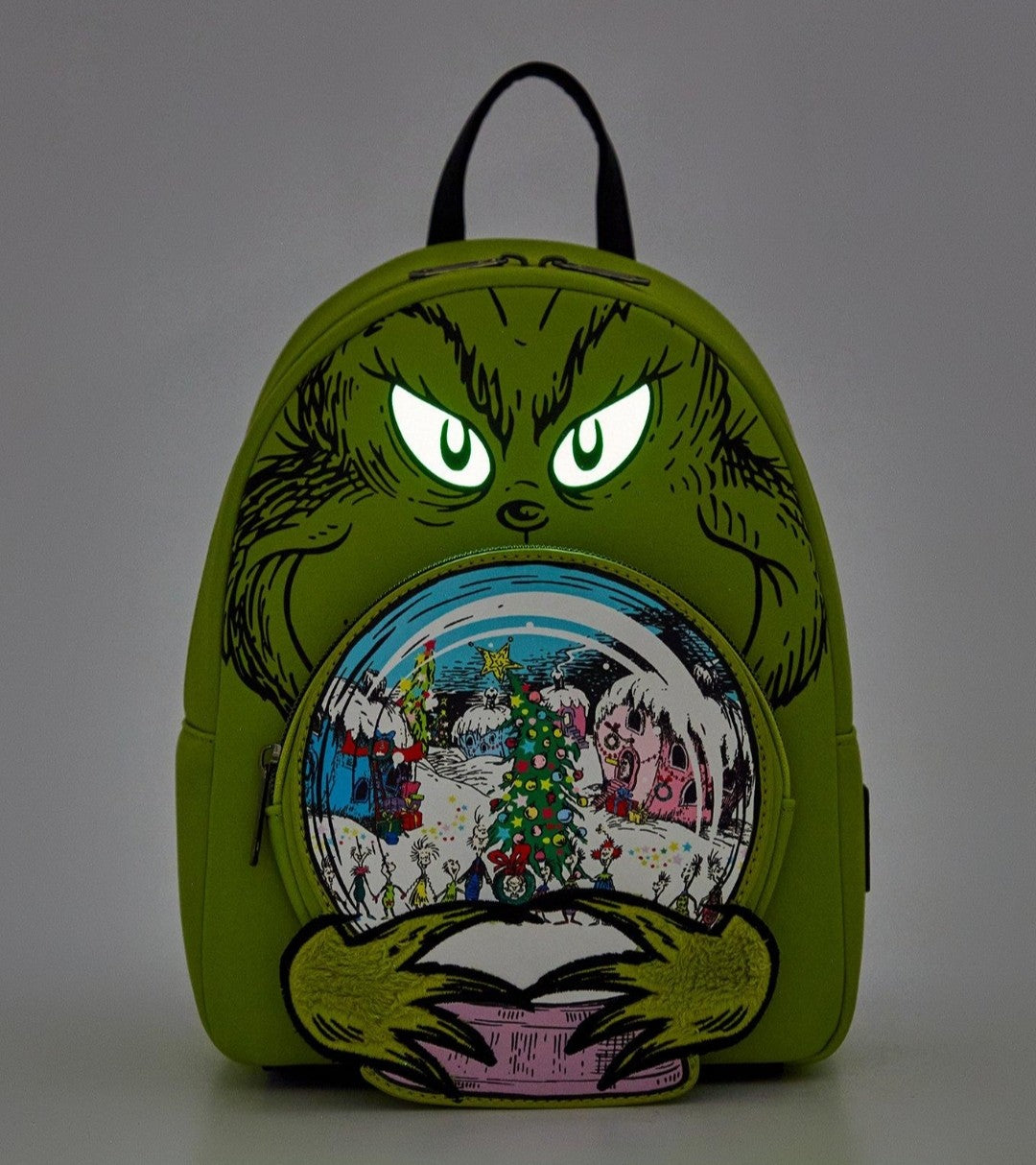 Loungefly The Grinch holding Whoville Snow Globe Backpack