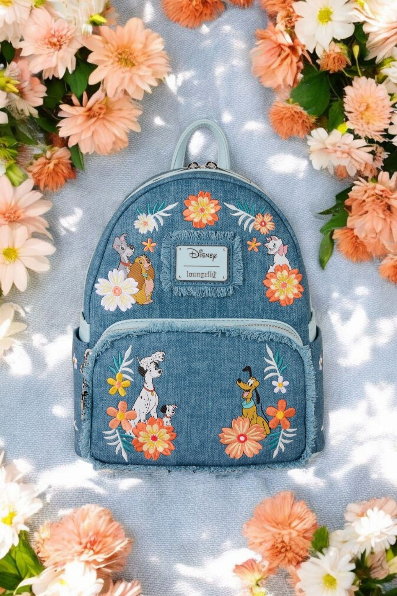 Loungefly Disney Dogs and Cats Floral Denim Backpack