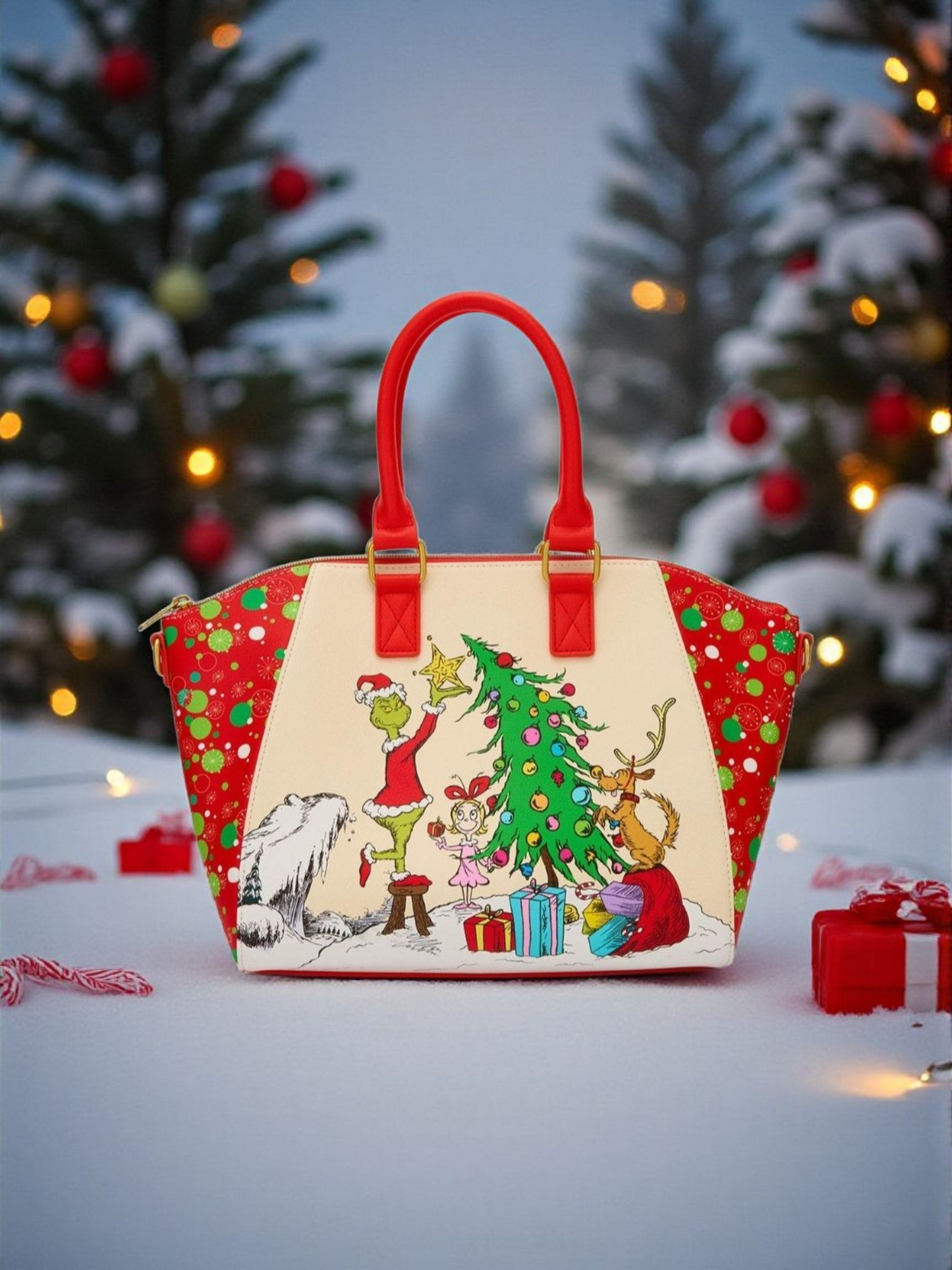 Loungefly The Grinch,  Max And Cindy Lou Who Decorating a Christmas Tree Handbag