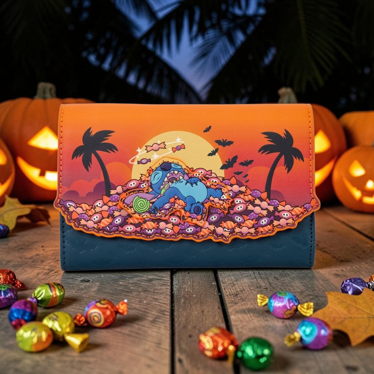 Loungefly Disney Lilo and Stitch, Stitch Snoozing on a Pile of Candy Wallet