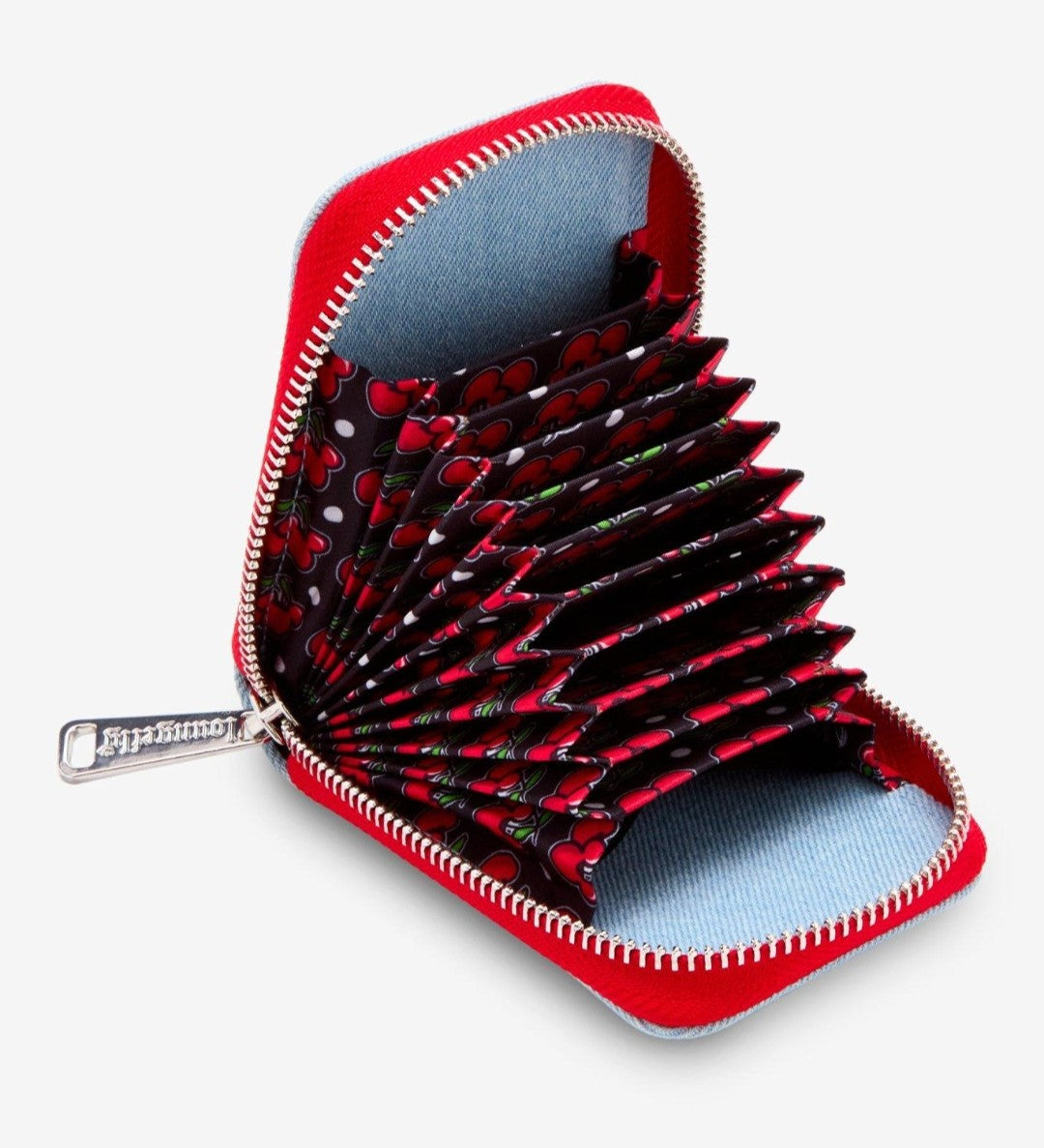 Loungefly Disney Mickey Cherry Denim Accordion Card Holder