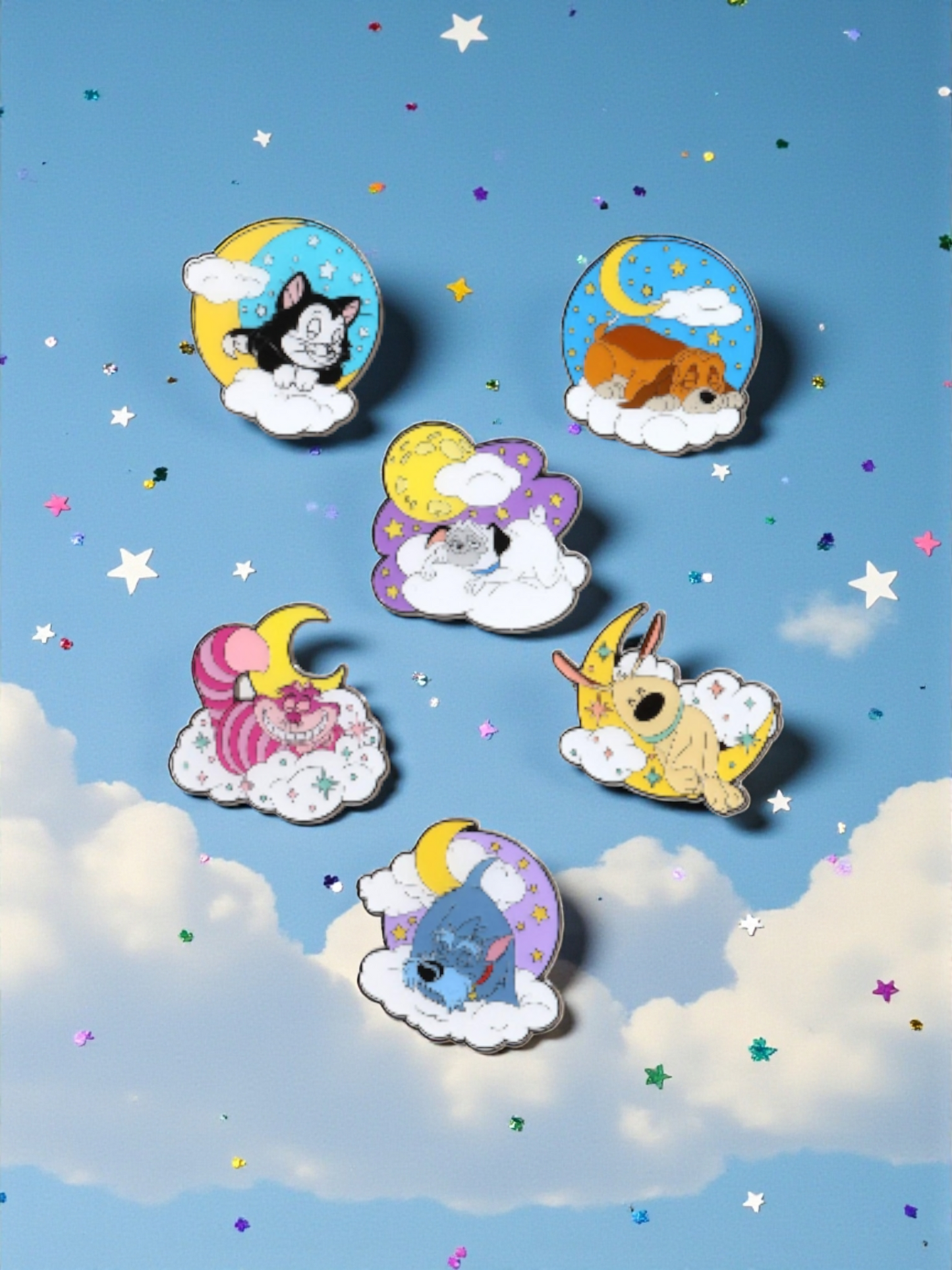 Loungefly Disney Cats and Dogs Sleeping on the Moon and Clouds Mystery Pins