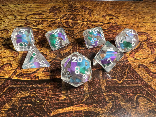 Clear w/ Purple, Green, and Blue Blob 16mm Resin Poly Dice Set